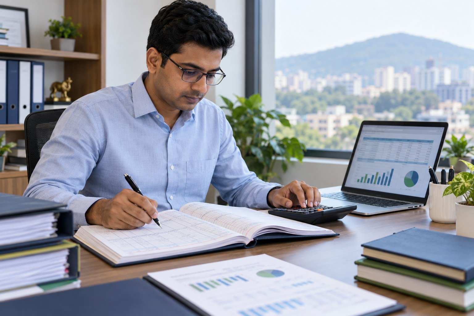 Illustrative accountant reviewing ledgers and financial records