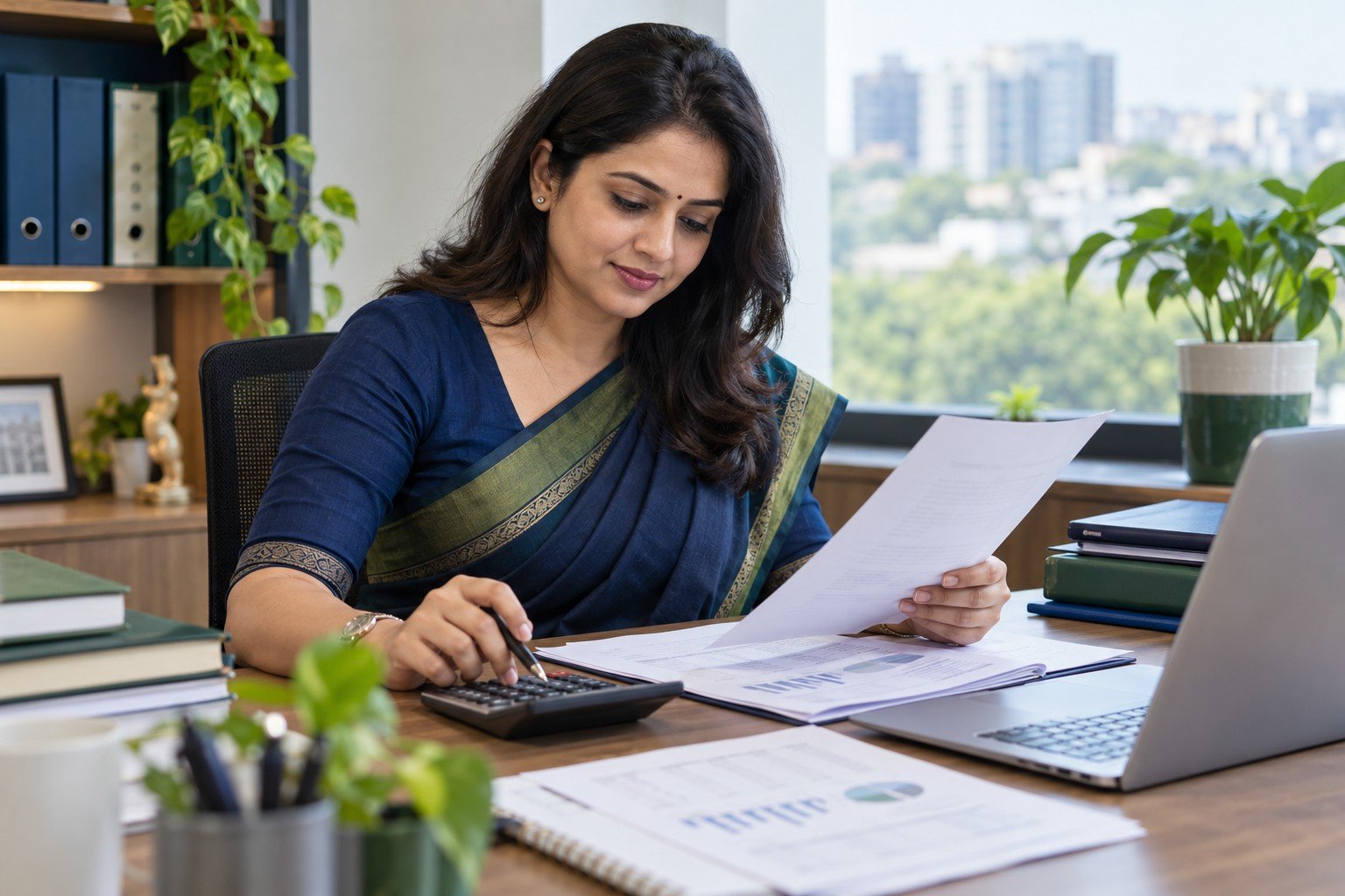 Illustrative income tax consultant reviewing financial paperwork