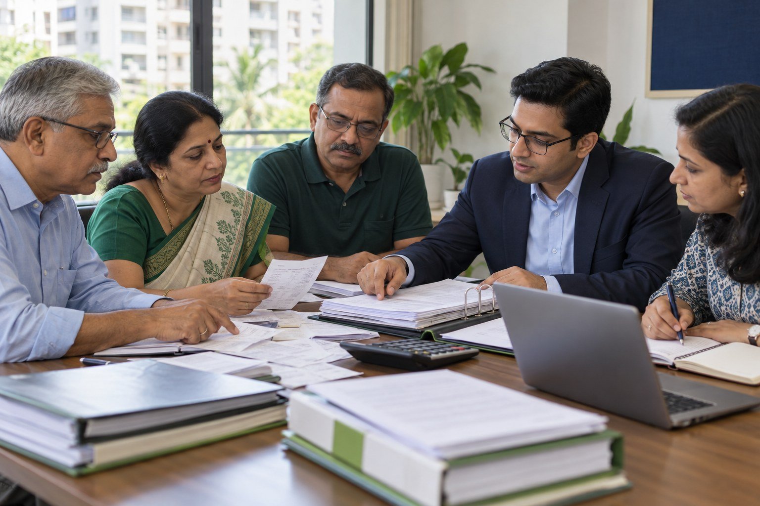 Illustrative housing society committee reviewing accounts with an auditor